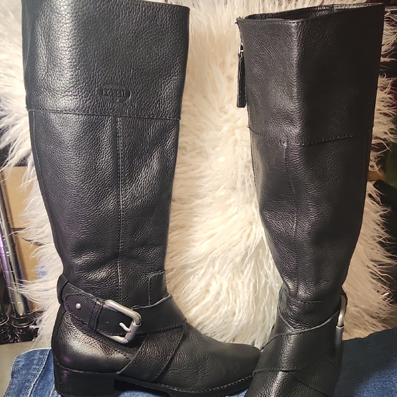 Y2K Fossil Black Leather Tall Boots 6.5